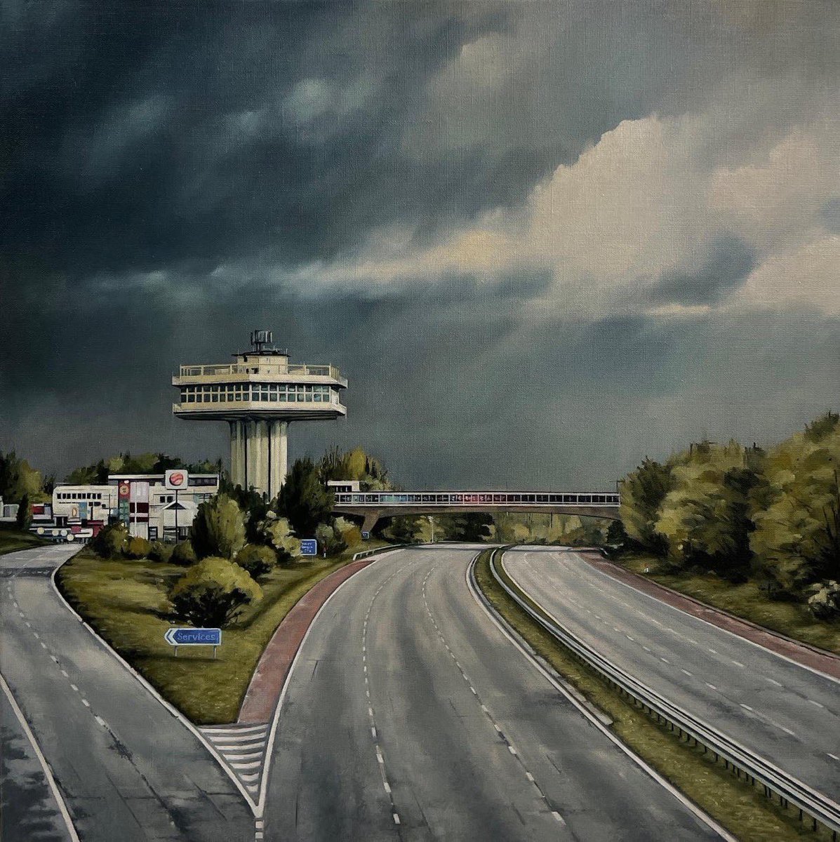 Staying with artists I’d post every day … the fabulous, Jen Orpin … a childhood love of Captain Scarlet &amp; Thunderbirds 🚀 means I can never resist this one 😍 #TheGrimList2022🏅

Forton Services by <a href="/JenOrpinPainter/">Jen Orpin AMAFA</a>