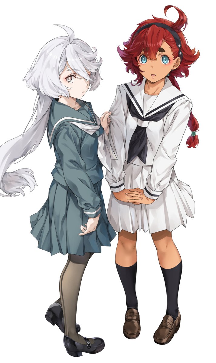 miorine rembran ,suletta mercury multiple girls 2girls school uniform red hair pantyhose skirt long hair  illustration images