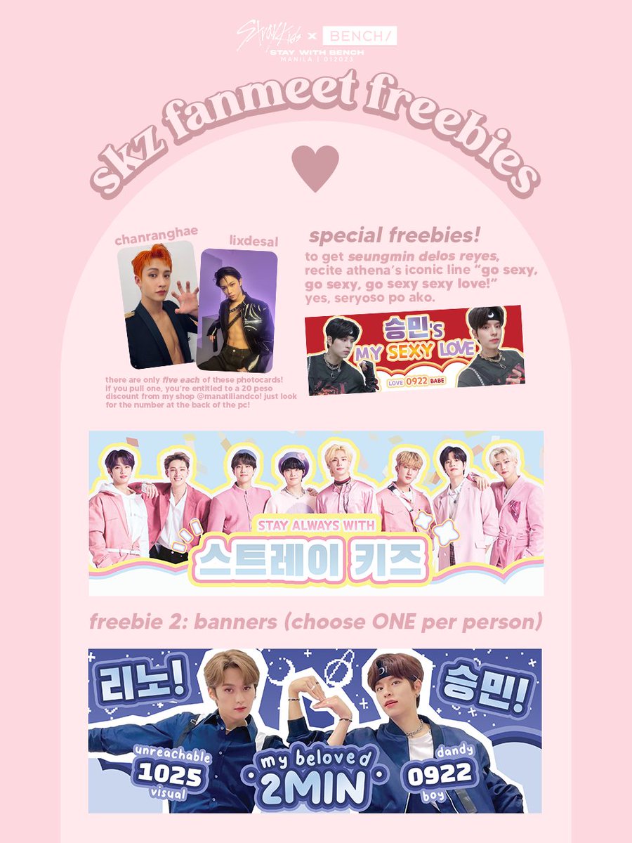hi everyone! i'm giving out freebies for the skz stay with bench #StrayKidsxBENCH fanmeet! 🫶🏼

pls read pubmat for more details 🤍
— like and rt to spread
— check this thread for updates!
— will try to include candies if kaya pa ng budget ko HAHAHAHA

tysm and see u there 😚