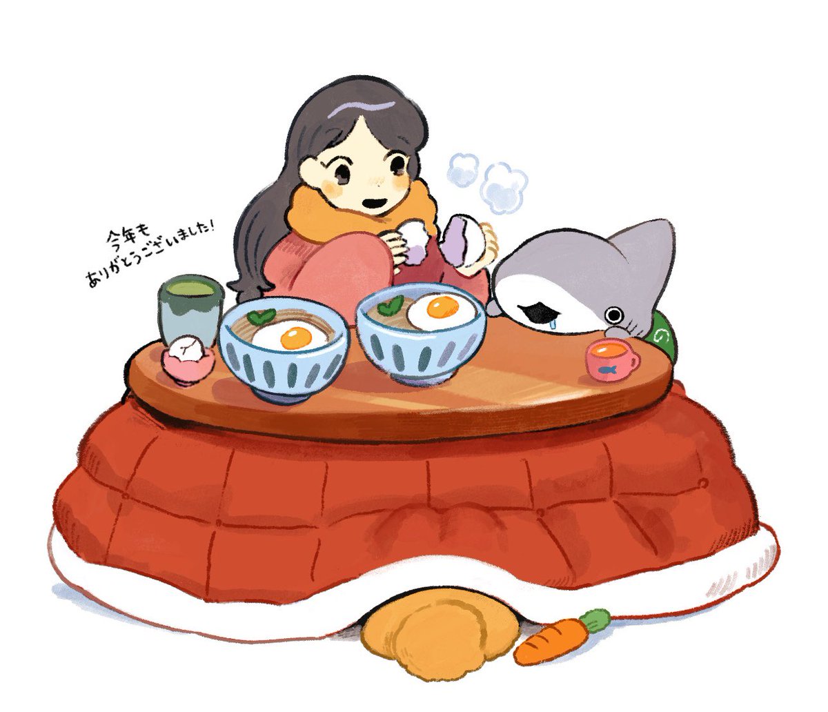 1girl bowl table long hair food kotatsu scarf  illustration images