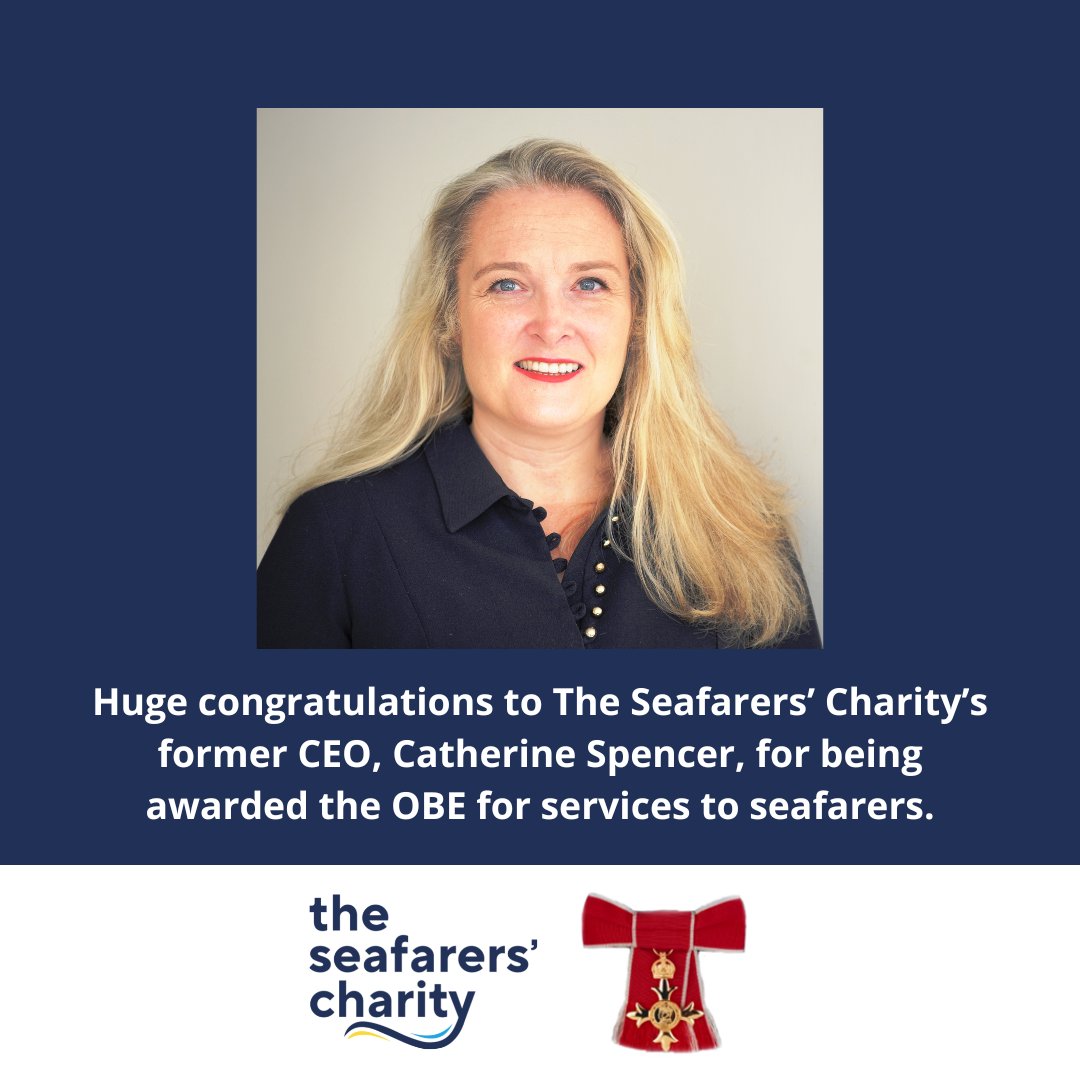 Huge congratulations to <a href="/Seafarers_KGFS/">The Seafarers' Charity</a>' former CEO, Catherine Spencer, who was awarded the #OBE for services to #seafarers in King Charles’ 2023 #NYHonours list. This is thoroughly deserved! 👏👏👏 
theseafarerscharity.org/news/the-seafa…