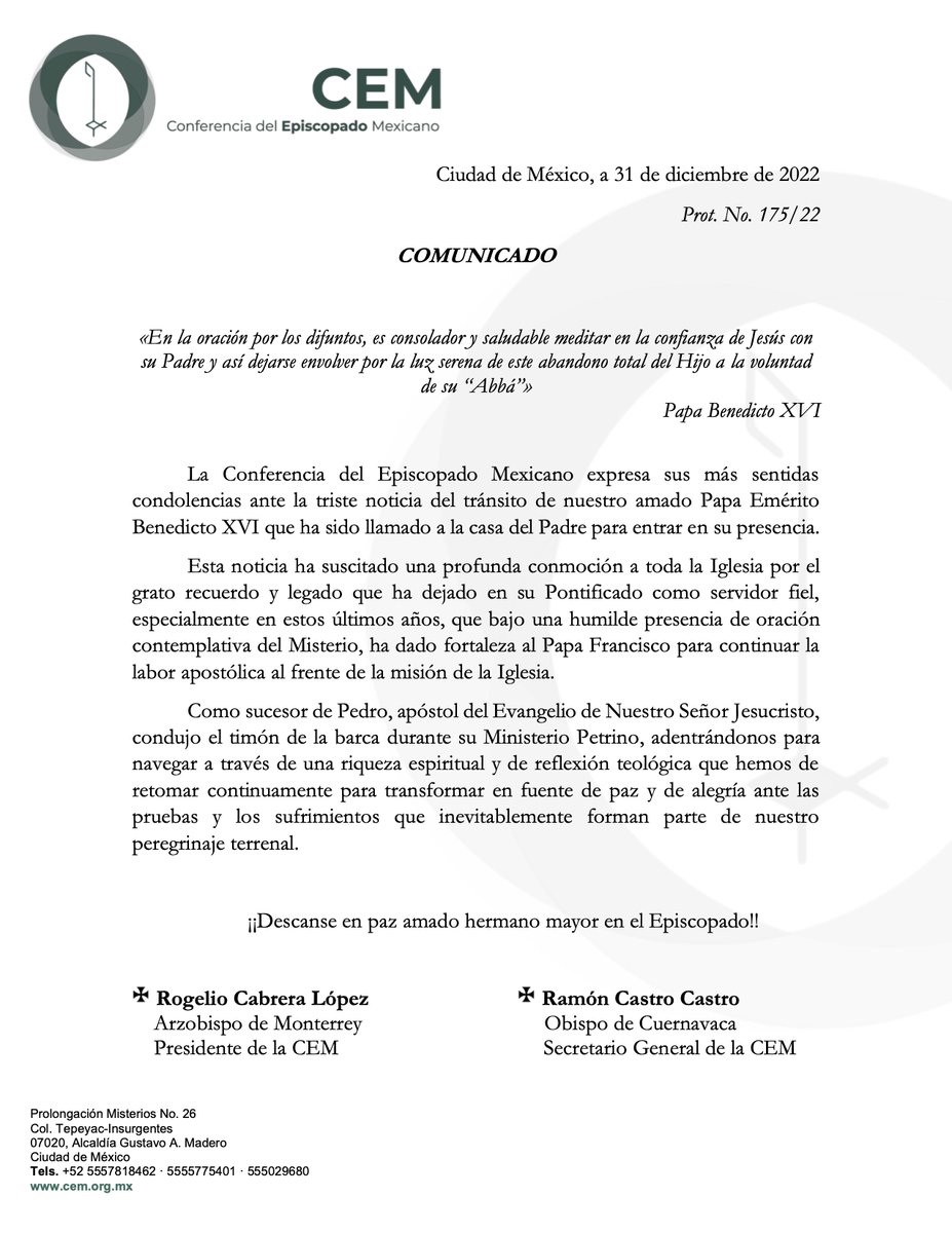 IglesiaMexico's tweet photo. La Conferencia del Episcopado Mexicano expresa sus más sentidas condolencias ante la triste noticia del tránsito de nuestro amado Papa Emérito Benedicto XVI que hoy ha sido llamado a la casa del Padre para entrar en su presencia. https://t.co/jGNt83GmNk