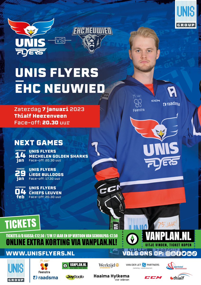 Zaterdagavond 7 januari speelt <a href="/UNISFlyers/">UNIS Flyers</a> een mooie pot #ijshockey <a href="/Thialf/">Thialf</a> tegen EHC Neuwied! 

De 1e zaterdag van januari is altijd erg speciaal om te spelen in de ijshockeyhal. Gaat een gezellige avond worden met als gasten Gedeputeerden <a href="/psfryslan/">Provinsjale Steaten fan Fryslân</a> en wethouders <a href="/Heerenveen/">Gemeente Heerenveen</a> 😊