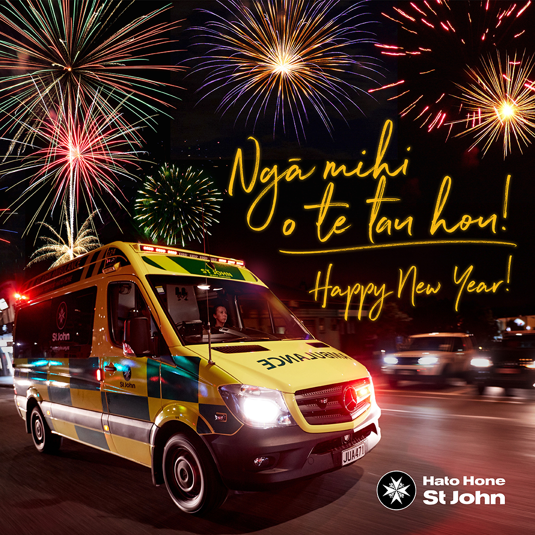 StJohnNZ's tweet photo. As we say goodbye to 2022 and welcome in 2023, we hope you have a safe and fun night.  Make it full of friends and whānau, love and laughter. 

From our team, best wishes for a great 2023 🚑 

#NewYear #HatoHoneStJohn https://t.co/Hyu2DtBALV