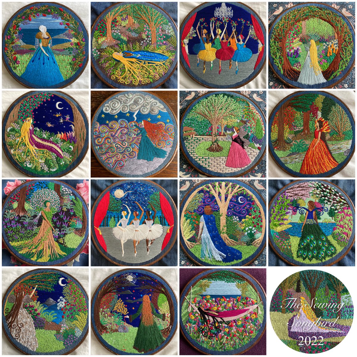 Here’s my round up of 2022… I managed to create 15 new embroideries this year. I don’t know what 2023 will bring but I promise lots of colour… 🤗🧵🌿🌺
*freehand stitched onto upcycled denim, no patterns or paint just threads 🪡 
#myart2022 #embroideryartist 
#thesewingsongbird
