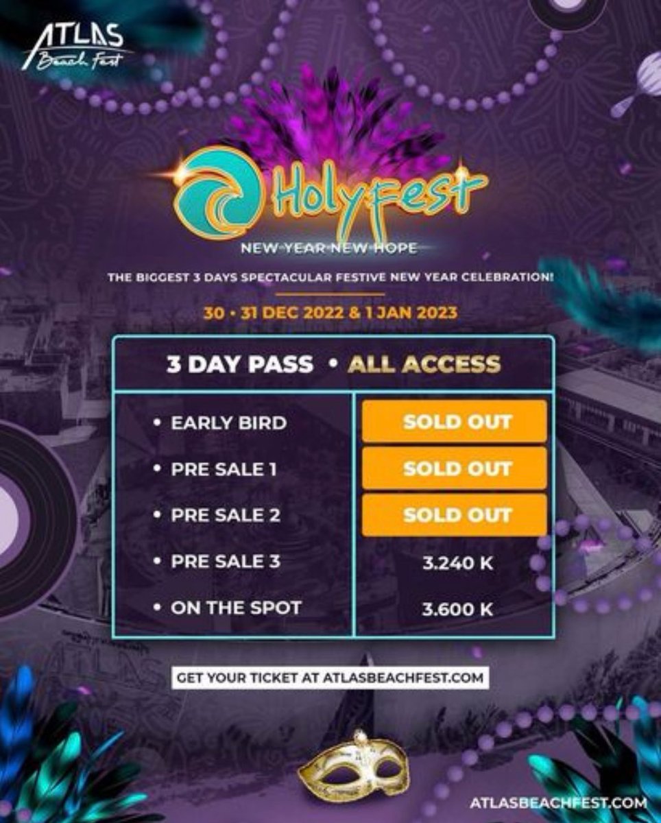 ditoks's tweet photo. ‼️JUAL RUGI‼️
4 tickets VVIP All Access Holyfest at ATLAS Beach Bali (31 Dec & 1 Jan), free flow booze & foods VVIP Lounge
Only @ 1jt / tix (original price 3jt++)
NIKI New Year’s Eve
#zonauang #tiketdijual #jualtiket #wts #atlasbeach #holyfest #NIKI https://t.co/rVmRyGxqYc