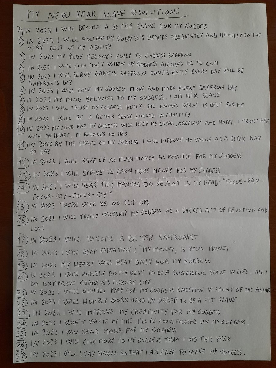 slave14248's tweet photo. 31 Days of Saffmas Slave Tasks for december-day 31: the list is complete, can't humbly wait for midnightπππthank You so much @GoddessSaffron, wish a Divine 2023ππToday's resolution:'In 2023 my life will be forever bound to Saffronism'ππ #GoddessSaffron #Saffmas #Saffronism https://t.co/YVycyaeoEF
