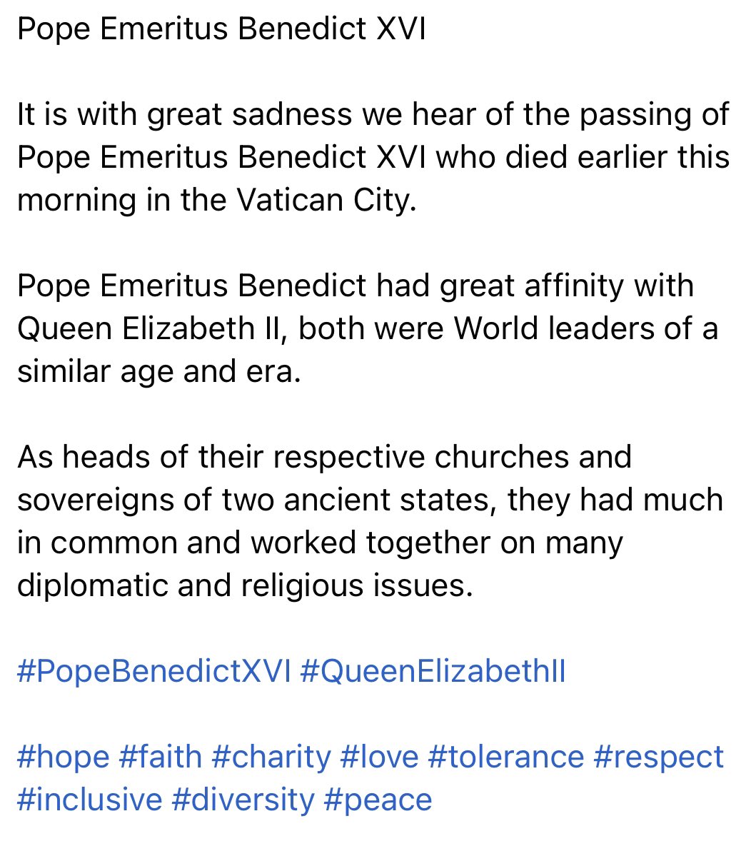 AncreSommeScot's tweet image. It is with great sadness we hear of the passing of Pope Emeritus Benedict XVI who died earlier this morning in the Vatican City. Pope Benedict had great affinity with Queen Elizabeth II, both were World leaders of a similar age and era. 
#PopeBenedictXVI @marishawallace #respect