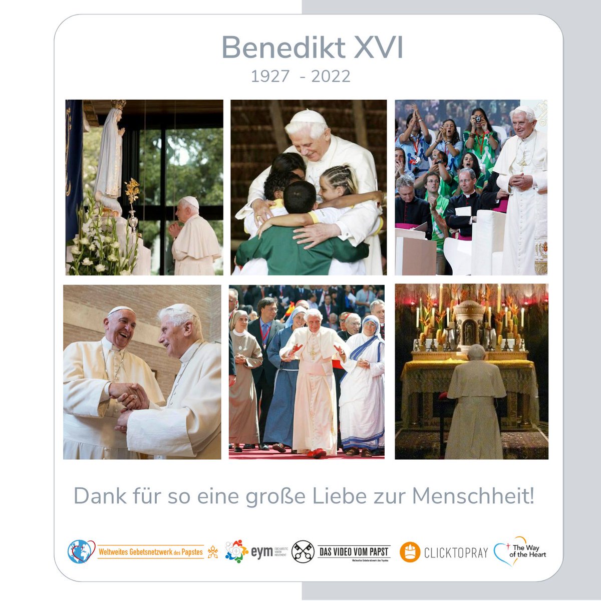 clicktopray_de's tweet photo. Durch dein stilles Gebet, hast du die Kirche unterstützt. Danke für dein Zeugnis!
Das Weltweite Gebetsnetzwerk des Papstes dankt dem Vater für den Leben und deine Hingabe.
Danke für so viel Liebe zur Menschheit und zur Kirche - bis zum Ende. https://t.co/h81XCq68N7