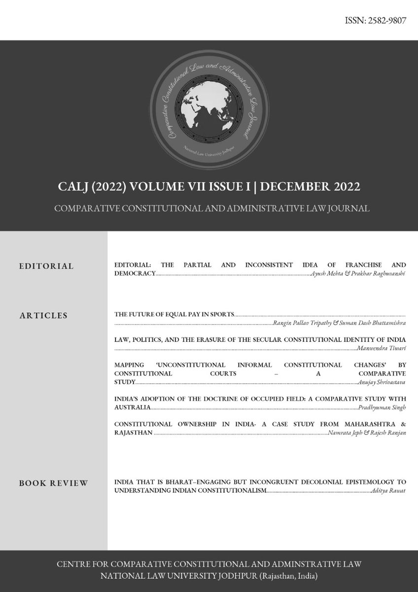 CCAL_NLUJ's tweet photo. CALJ is pleased to share with you that Volume VII Issue I has been published.
The current issue can be accessed on our website: https://t.co/ndpDBQB1QL
For any queries or suggestions, please feel free to reach us at editorcalq@gmail.com.
#CALJ #academia #law https://t.co/ggQJImgQGn