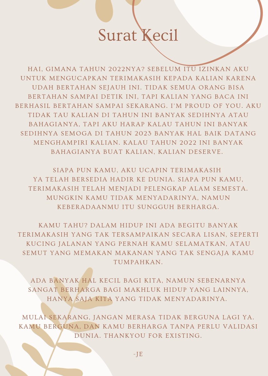 astarajk's tweet photo. Sebelum tahun 2022 berakhir ada surat kecil dari saya untuk para mutual saya disini. Terimakasih kalian udah bertahan sampai detik ini. Kalian hebat semua dan saya bangga. Let me hug you guys. Semoga kalian baca ini ya, atau mungkin lewat tl kalian. I'm glad to know you guys🤍 https://t.co/L3kEPXNbjr