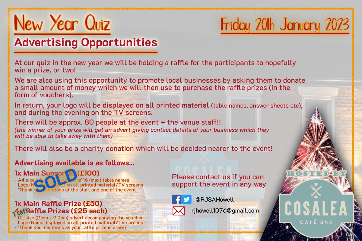 RJSAHowell's tweet photo. If you can't attend the quiz in person, maybe you would like to sponsor a raffle prize...we only have 2 opportunities remaining 
(𝘸𝘦 𝘴𝘵𝘢𝘳𝘵𝘦𝘥 𝘰𝘧𝘧 𝘸𝘪𝘵𝘩 6, 𝘴𝘰 𝘵𝘩𝘢𝘯𝘬 𝘺𝘰𝘶 𝘵𝘰 𝘵𝘩𝘰𝘴𝘦 𝘵𝘩𝘢𝘵 𝘩𝘢𝘷𝘦 𝘴𝘱𝘰𝘯𝘴𝘰𝘳𝘦𝘥 𝘴𝘰 𝘧𝘢𝘳) https://t.co/rLJMTKae1b