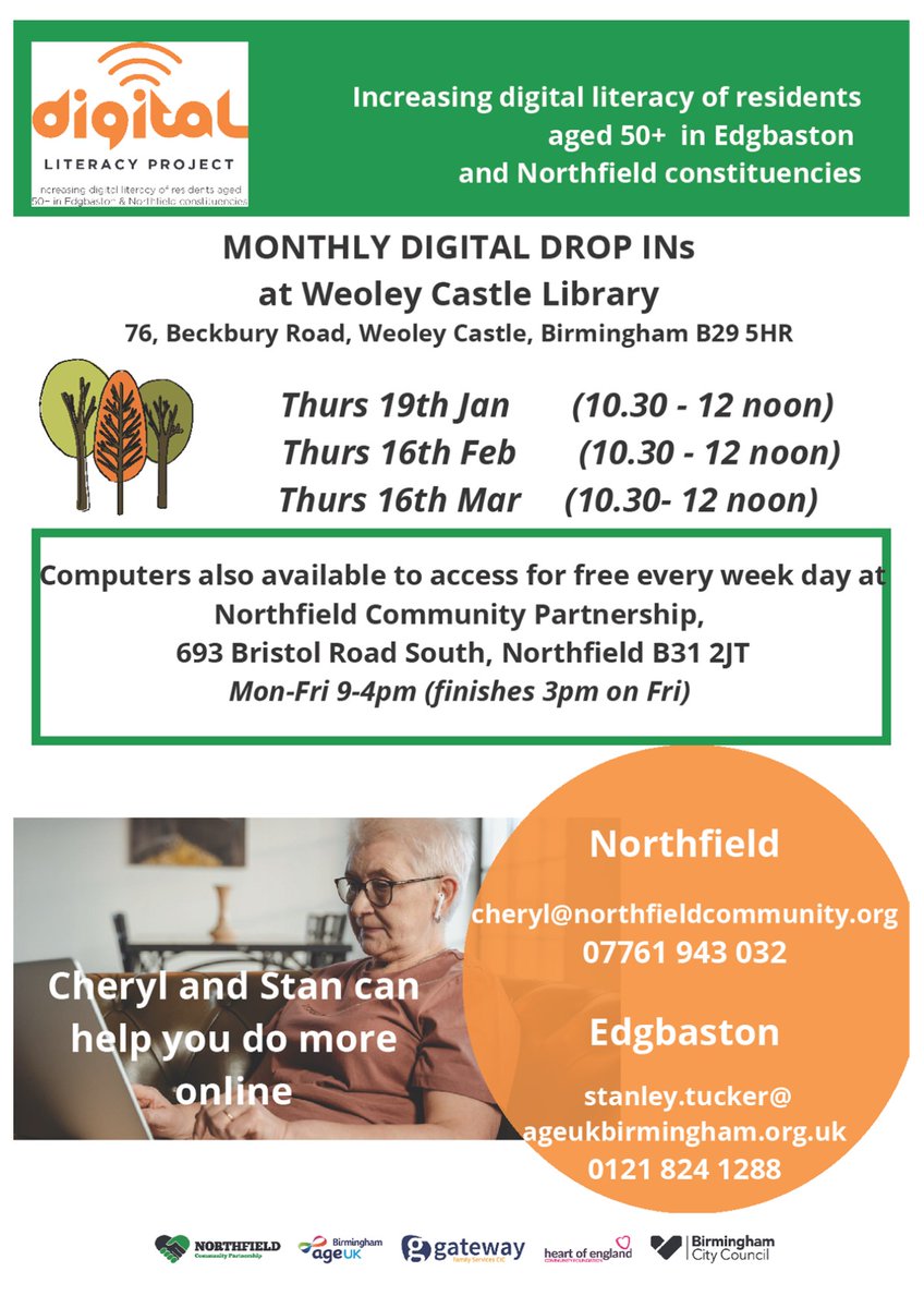 Northfield Community Partnership will be here in 2023 to help you get online, access digital services and answer any questions you may have about exploring the internet. These are FREE drop-in sessions for residents over 50+ living in the Northfield or Edgbaston constituencies.