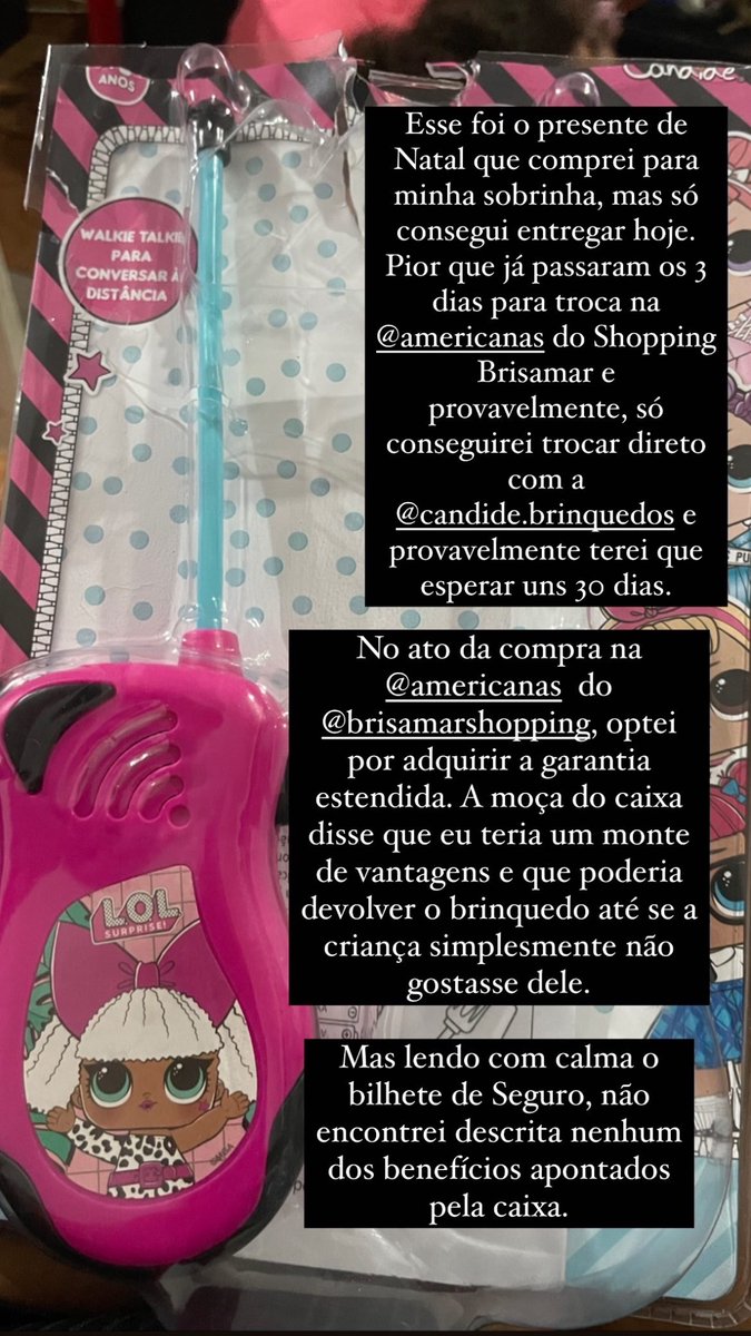 elyssantiago's tweet photo. @americanas  Fiz a compra no dia 24/12, na loja do Shopping Brisamar, em São Vicente/SP.
É o presente da minha sobrinha que eu só consegui entregar ontem. Consigo efetuar a troca direto na loja? https://t.co/qT1DQRYaQ4
