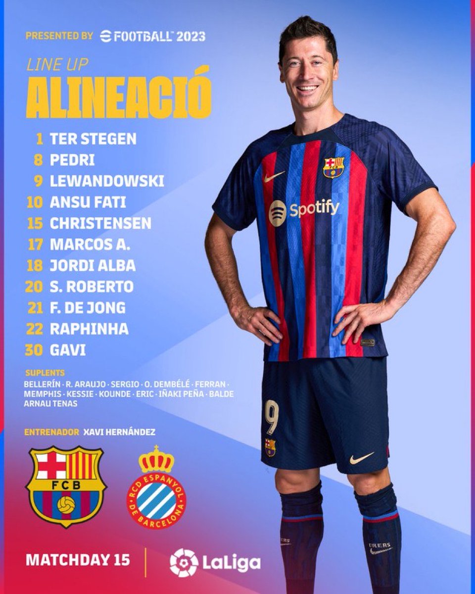 Starting line up Barcelona untuk pertandingan LaLiga Jornada ke-15 menghadapi Espanyol.

Lewandowski dapat diturunkan pada match ini setelah hukumannya berhasil ditangguhkan.

Bagaimana menurut kalian yakin 3 point gak, les?

#VisçaBarça
#Indobarca