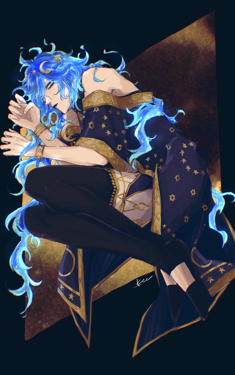 long hair blue hair male focus 1boy blue lips solo fiery hair  illustration images