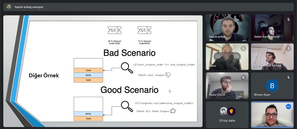 siberyavuzlar's tweet image. Bu hafta sunum konumuz “Businness Logic Vulnerabilities” idi. Uygulamalı ve güzel anlatımı için takım arkadaşımız @hazimarbas’a çok teşekkür ederiz.

@siber_vatan