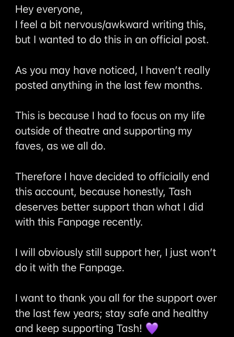 TeamTashOBrien's tweet photo. I wish the current @MammaMiaMusical tour cast a wonderful last show and will leave you with this message ❤️‍🩹
Special thanks to @tisfortash for being an absolute angel - I’m incredibly grateful for you 🥰😘💜💙 https://t.co/wvR97IeaAX