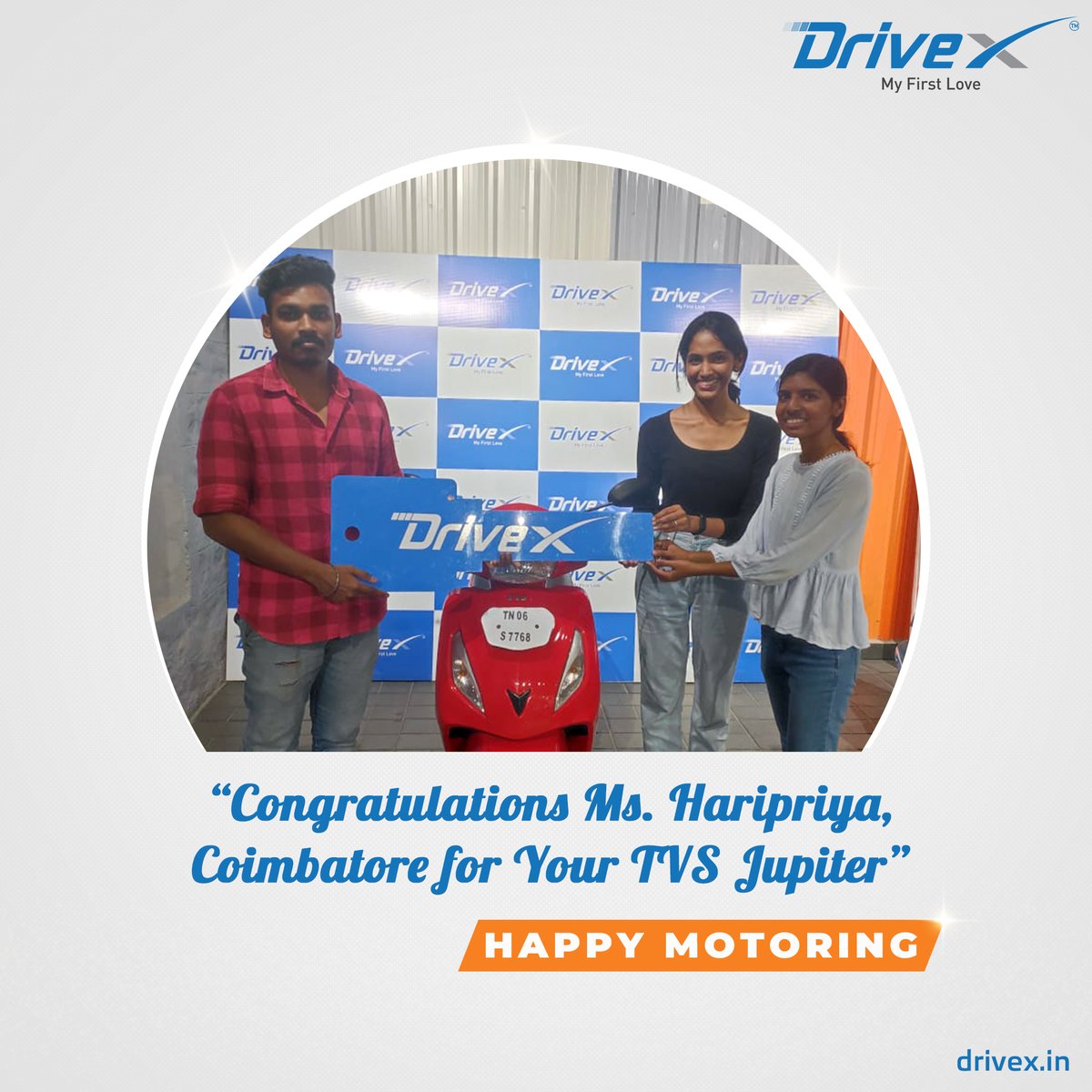 Congratulations Ms. Haripriya, Coimbatore for taking TVS Jupiter. Thank you for being our valued customer. We appreciate your trust in us. Happy Motoring!

Call +91 76663 76661
WhatsApp: linkto.contact/DriveX
Visit: drivex.in

#DriveX #HappyMotoring #dreambike