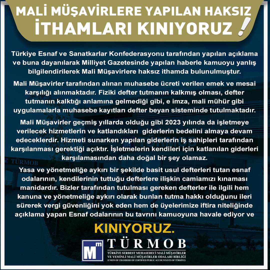 MALİ MÜŞAVİRLERE YAPILAN HAKSIZ İTHAMLARI KINIYORUZ!...
#TeskveMilliyetHaddiniBil

#türmob