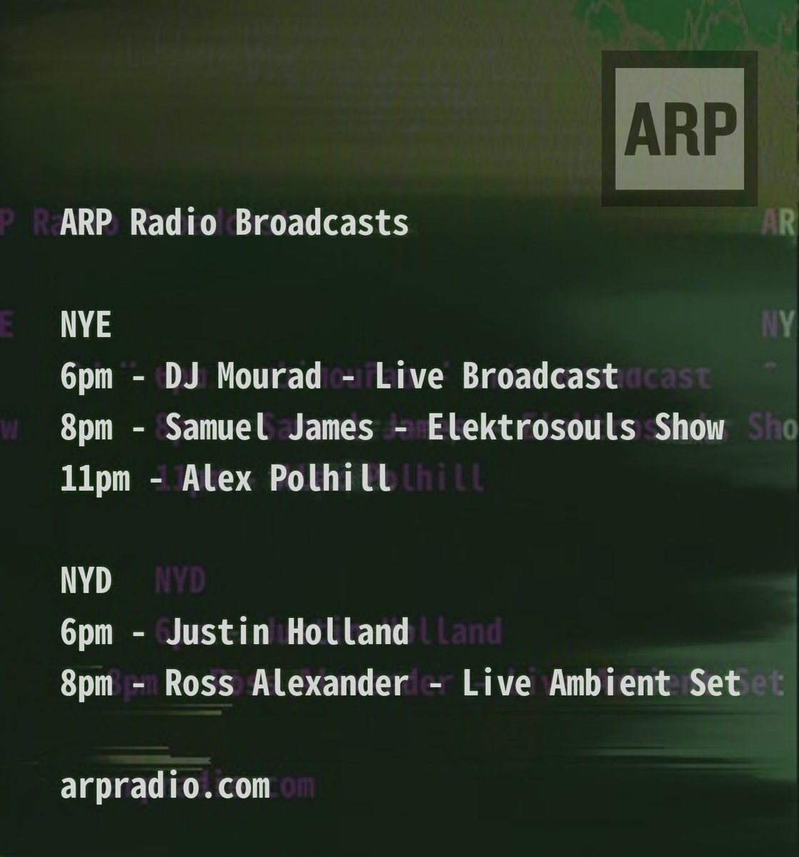 ArpRadio's tweet photo. ARP Radio broadcasts from 6pm UK time NYE and NYD #nye #nyebroadcast #techno #technoradio #technoradioshow #live #livebroadcast #livestream #chat #chatroom #nyd #djset #liveset https://t.co/dFscfCgCd3 https://t.co/lPiQxcz0GE