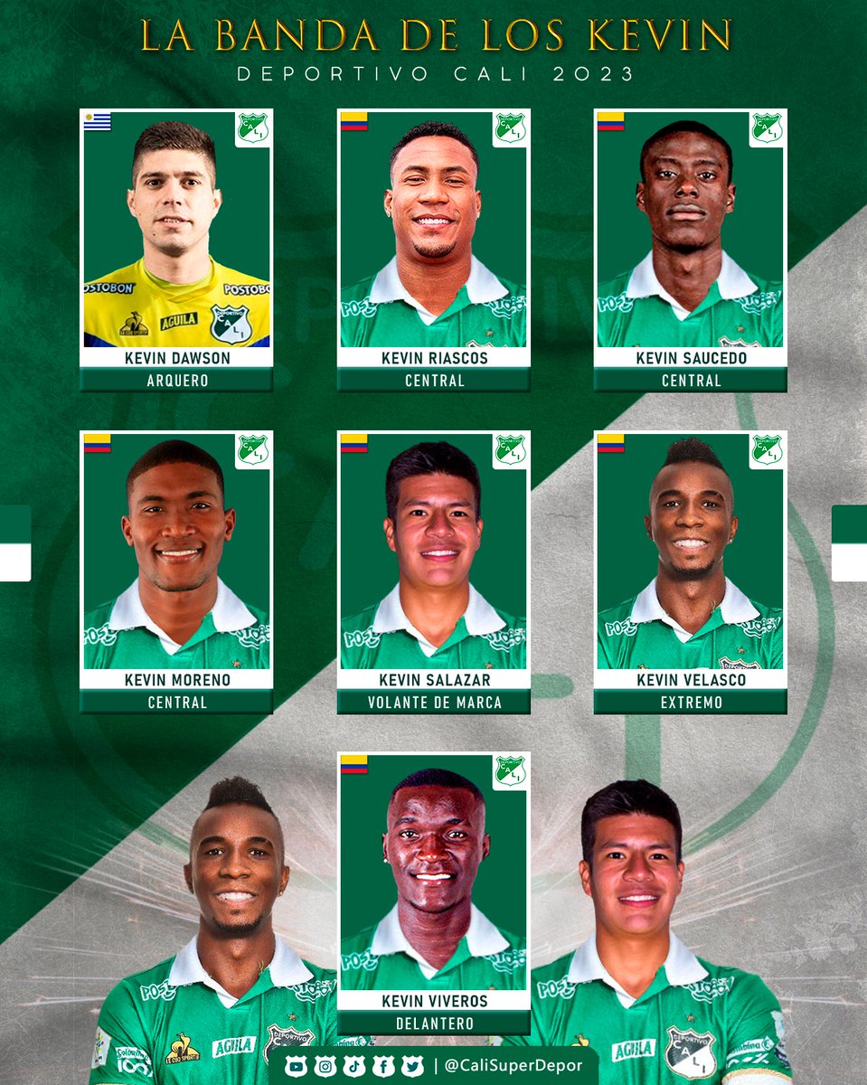 CaliSuperDepor's tweet photo. Habían 3 y llegan 4 más, a hoy Deportivo Cali contará con 7 tocayos en su nómina de cara a la temporada 2023 ¿Curioso no.? Pero es una realidad, el grupo de los 7 Kevin se ha reunido para integrar la plantilla de Jorge Luis Pinto. https://t.co/5Rg4POt3Xw
