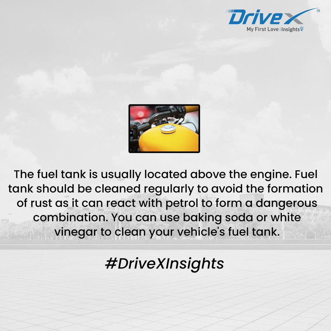 The fuel tank is usually located above the engine. The fuel tank should be cleaned regularly to avoid rust as it reacts with petrol to form a dangerous mixture. You can use baking soda or white vinegar to clean your vehicle's fuel tank.

#Drivex #BikePerformance #BikeMaintenance