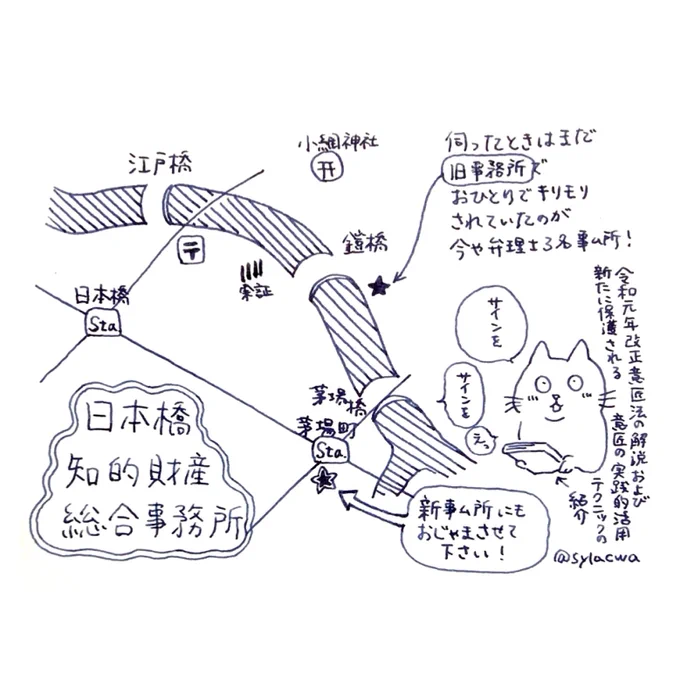 今年はTwitterご縁でもいくつか事務所訪問させていただいた。思い出に浸りつつ描きました😸(訪問順) ・日本橋知的財産総合事務所(東京都中央区日本橋) ・佐藤総合特許事務所(長野県長野市) ・Kakeru IP(佐賀県佐賀市) ・はるか国際特許事務所 はるかWEST(兵庫県神戸市)