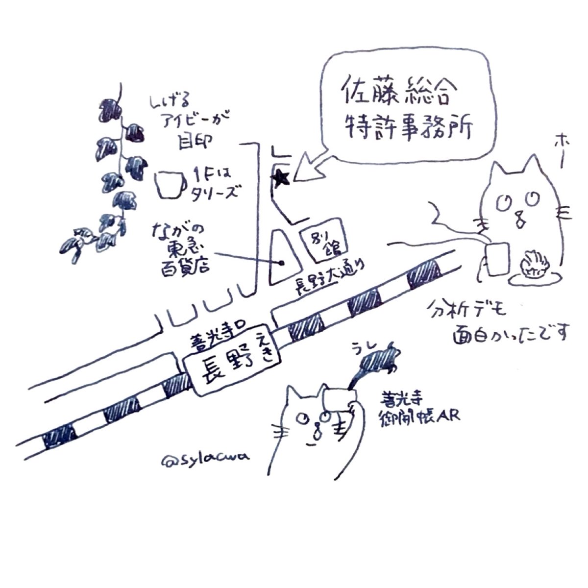 今年はTwitterご縁でもいくつか事務所訪問させていただいた。思い出に浸りつつ描きました😸(訪問順) ・日本橋知的財産総合事務所(東京都中央区日本橋) ・佐藤総合特許事務所(長野県長野市) ・Kakeru IP(佐賀県佐賀市) ・はるか国際特許事務所 はるかWEST(兵庫県神戸市)