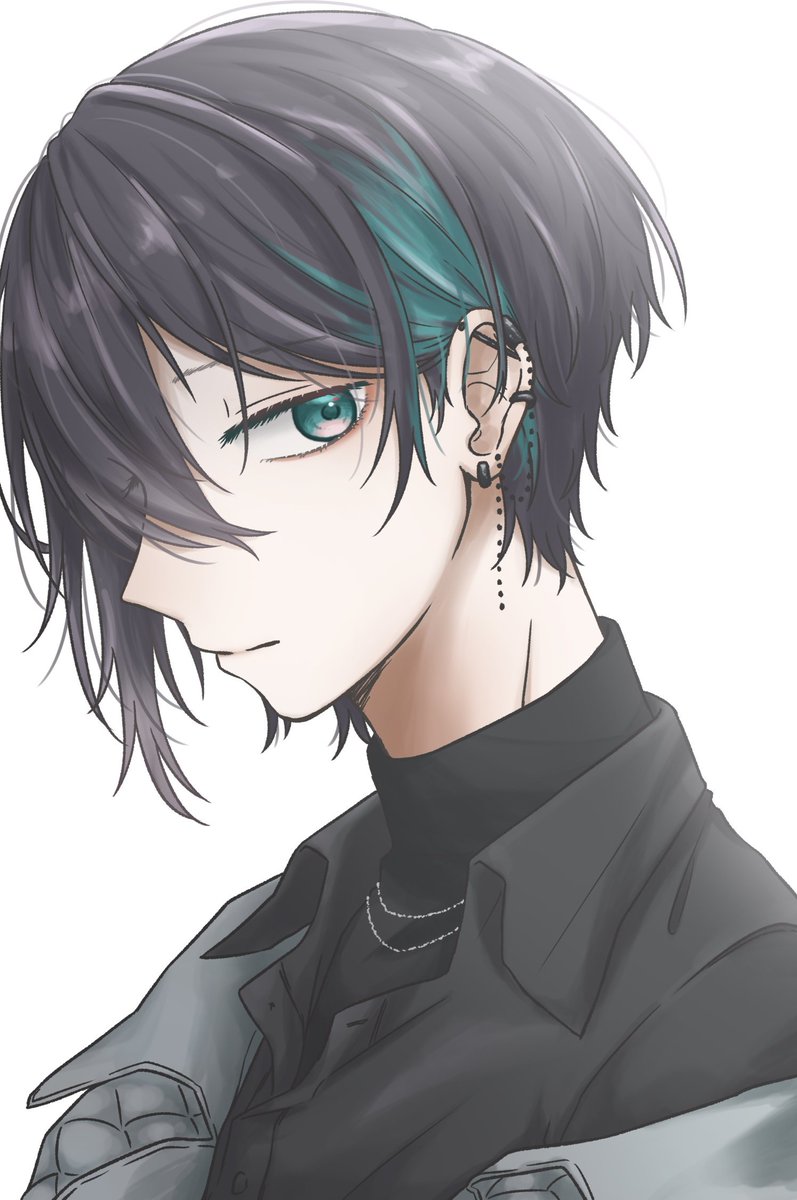 solo shirt black hair piercing ear piercing white background male focus  illustration images