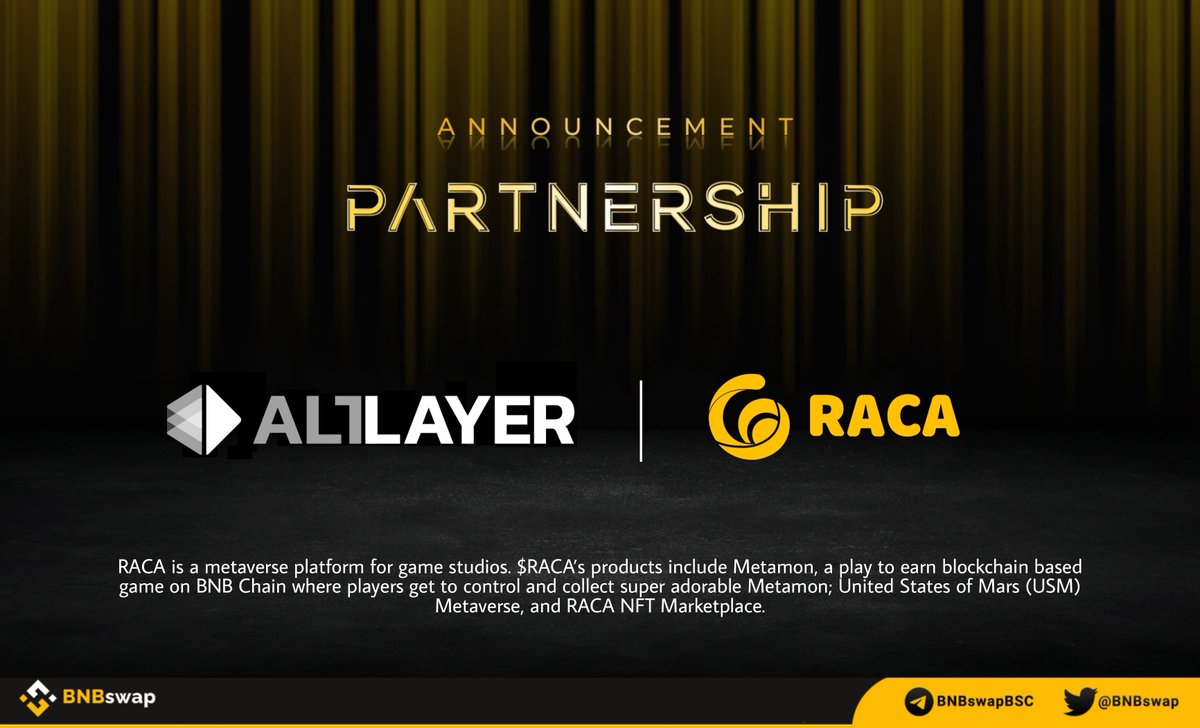 📢 <a href="/alt_layer/">AltLayer</a> announced a partnership with <a href="/RACA_3/">RACA</a>!

#RACA is a metaverse platform for game studios. $RACA’s products include Metamon, a #playtoearn blockchain-based game on #BNBChain, United States of Mars (USM) #Metaverse, and RACA #NFT Marketplace.

#BNB #BSC #Web3 $BNB $BNB