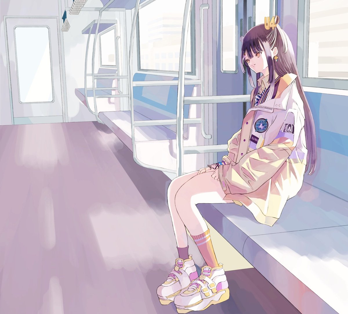 1girl train interior solo sitting long hair shoes socks  illustration images