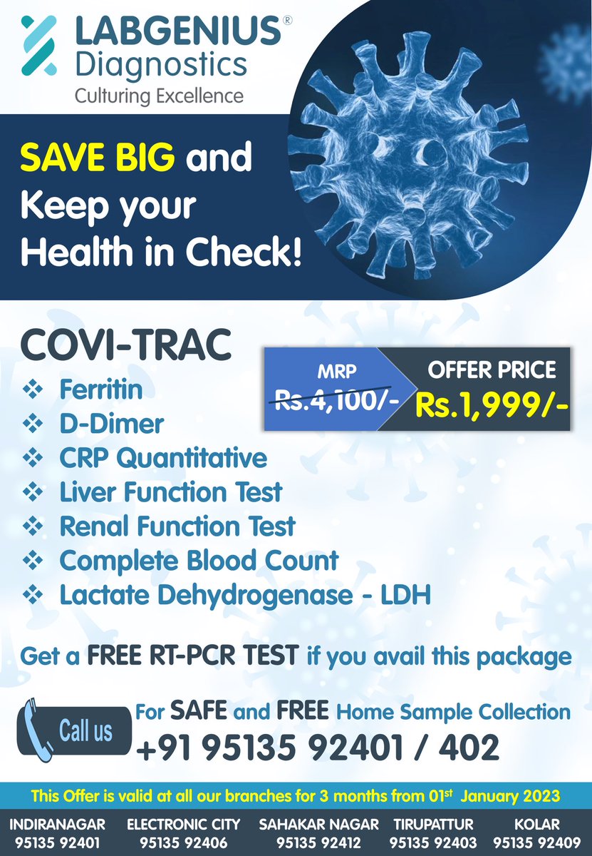 LabgDiagnostics's tweet photo. Drop in Covi-Trac prices?🤩

𝐒𝐚𝐯𝐞 𝐛𝐢𝐠 -”𝐂𝐨𝐯𝐢-𝐓𝐫𝐚𝐜 𝐩𝐚𝐜𝐤𝐚𝐠𝐞” 𝐰𝐡𝐢𝐜𝐡 𝐰𝐚𝐬 𝐞𝐚𝐫𝐥𝐢𝐞𝐫 ₹𝟒𝟏𝟎𝟎/- 𝐢𝐬 𝐧𝐨𝐰 𝐎𝐍𝐋𝐘 𝐚𝐭 ₹𝟏𝟗𝟗𝟗/-*

𝐅𝐑𝐄𝐄 𝐑𝐓-𝐏𝐂𝐑 will be offered test for the ones who avail this package! 🤩 https://t.co/85fu8pPuFU