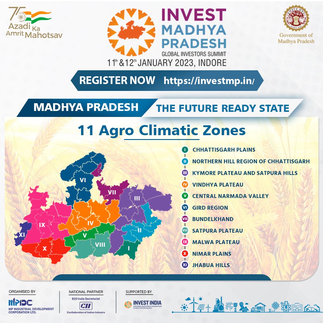 MPIDC's tweet image. Madhya Pradesh - Different Climatic Zones enhancing diversity of Agri Produce

Show your intention to invest, Click On: investmp.in/gis/public/int…

Register Now: investmp.in

#AatmanirbharMadhyaPradesh
#InvestMP
#InvestMPGIS2023
#InvestIndia
#FutureReadyMadhyaPradesh
