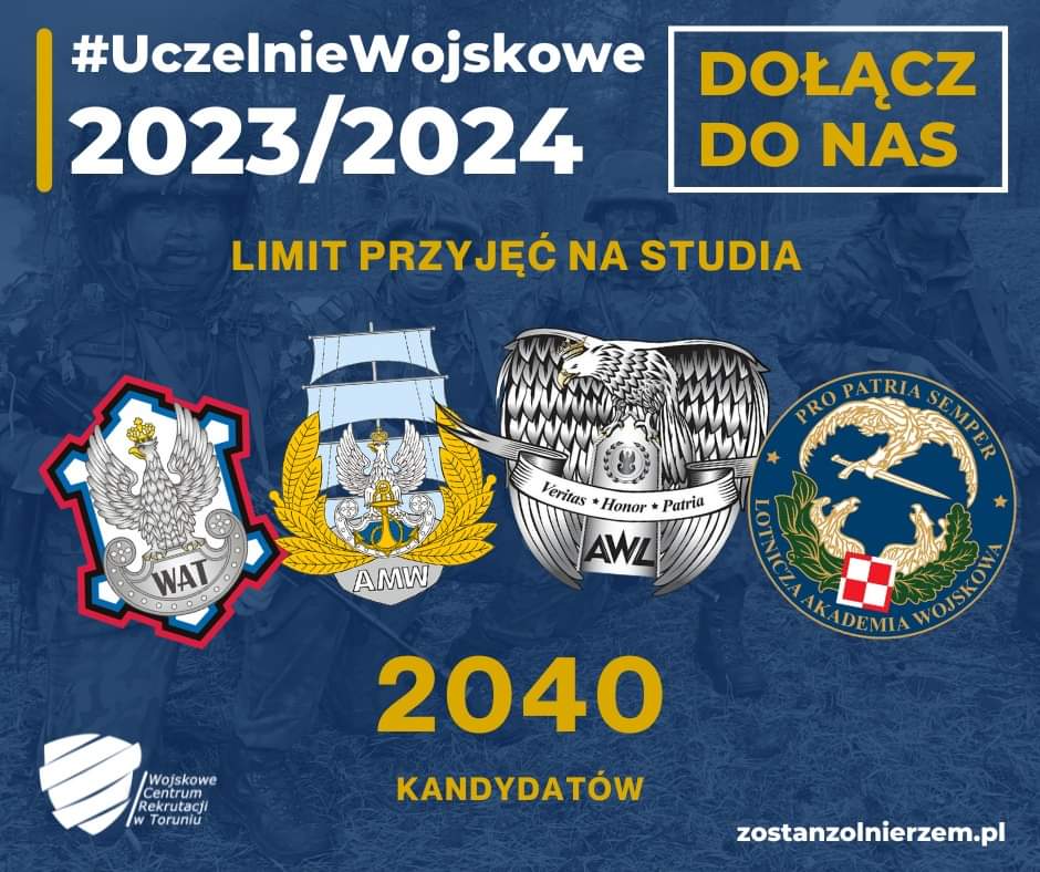 WCRTorun's tweet photo. 📢 #Kierunki #StudiaWojskowe
Poznaj limity przyjęć na studia w 2️⃣0️⃣2️⃣3️⃣ roku w uczelniach wojskowych na określonych kierunkach w:
✅#Akademia_MW
✅#LA_Wojskowa
✅#WAT_edu
✅#AWL_Wroc
informacje znajdziesz 👇👇
ℹ️ https://t.co/g0foAF4Jfp
ℹ️ https://t.co/iwmTWXNaNF
#WojskoPolskie https://t.co/a1JYcMnvaI