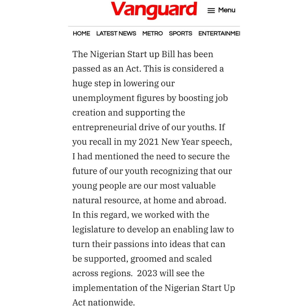 StartupActNg's tweet photo. An excerpt from the President's New Year Message. Part of the message reads; "2023 will see the implementation of the Nigeria Start Up Act nationwide."
We earnestly look forward to the implementation of the Act, come 2023.
#MakingLawsWork #NigeriaStartupAct #NSA https://t.co/esrUQfQyAr