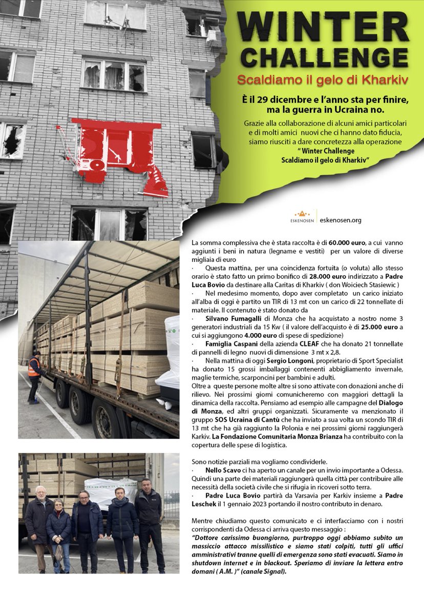 Siamo una associazione piccola, fatta solo di volontari. Però ospitiamo e sosteniamo 5 famiglie ucraine e abbiamo raccolto 60 mila euro con il nostro progetto #winterchallenge per alleviare il gelo della popolazione Ucraina. Qui qualche info e anche qui eskenosen.org/index.php/2022…
