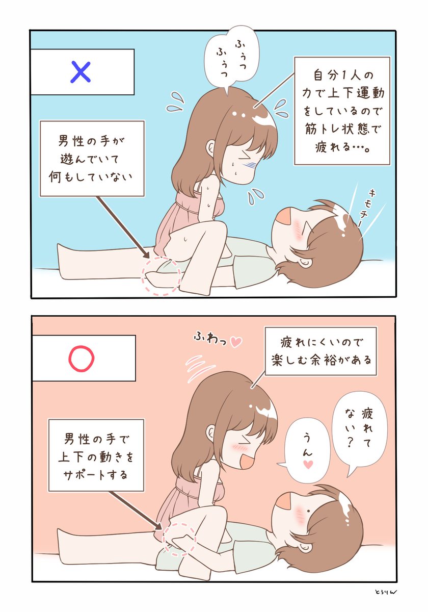 【騎乗位が楽しめるかは男性のサポート次第⁉️】
上に乗った状態で上下に動き続けるのは辛いですよね😢
かなり太腿にくるので、長時間続くと疲労が強すぎて気持ちよさはあまりわからず…💦ほんの少しでいいので軽く手でサポートしてくれる男性は神💕一気に負担が減り騎乗位が楽しくなってきちゃう…❗️