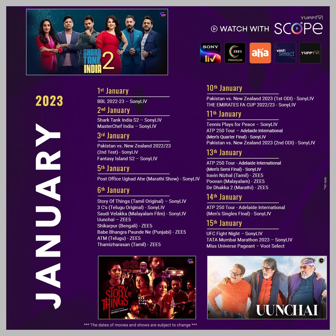 New Year Greetings ✨
what is dropping this January. 

Get a wide range of original content every week. 

Subscribe to #YuppTVScope now
yupptv.la/subscribe

#January #NewYear #NewYear2022 #newreleases #newreleases2022 #SonyLIV #VootSelect #ZEE5 #aha