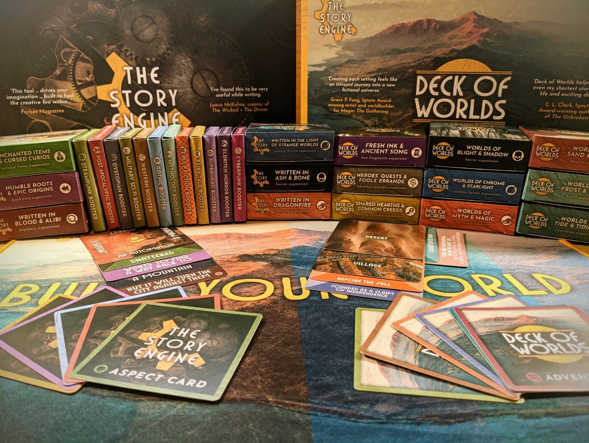 yohtzee's tweet photo. Yass, my @storyenginedeck + Deck of Worlds (by @rockpapercynic) arrived yesterday, just in perfect time to close the year!
These decks with all the expansions+boosters are massive, definitely a useful addition to my creative toolbox! https://t.co/Z2HfHId8mp