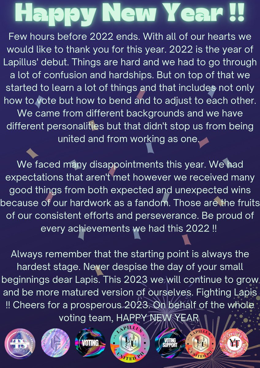 Lapillusvteam's tweet photo. Thank you for being part of our lives this 2022. As we embark to another chapter may each and everyone of us be filled with genuine happiness and contentment. May we continue to grow this 2023 as it is the year of our breakthrough. Claim it Lapis🔥

HAPPY NEW YEAR🎉 https://t.co/8inELjtWlQ