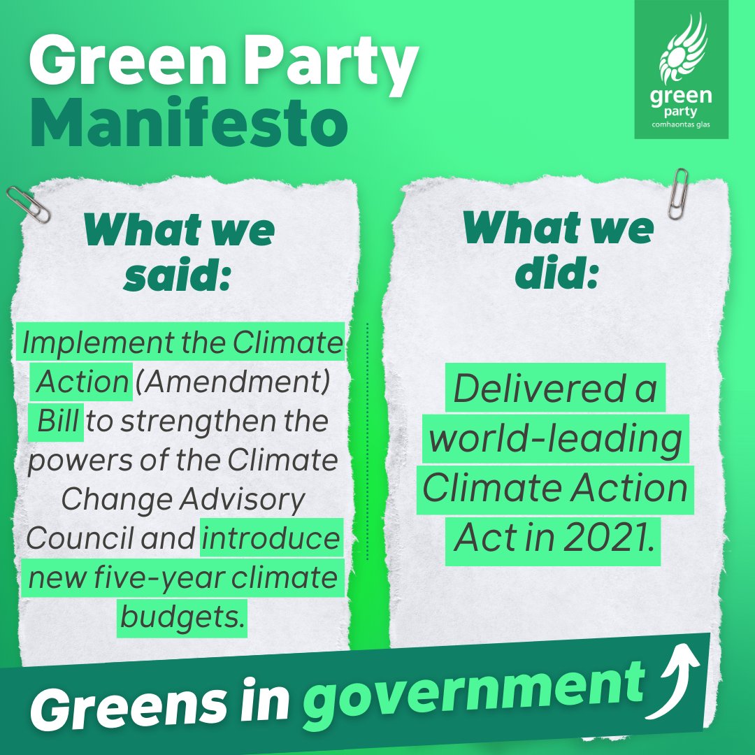 greenparty_ie's tweet photo. We're delivering Ireland's #GreenDecade and putting this country on the path to a safer, net zero, climate resilient future. With our world-leading Climate Action Act we made #ClimateAction the law. #GreensInGovernment https://t.co/a7piXpOsl4