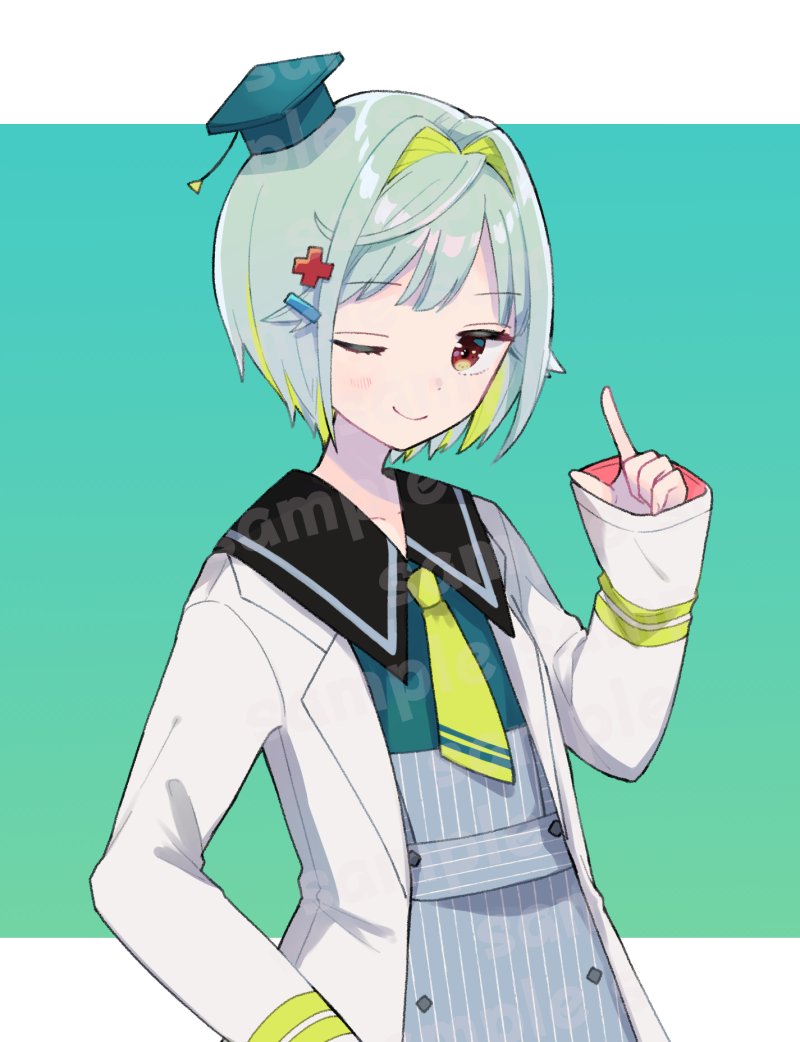 1girl green hair short hair long sleeves white background shirt red eyes  illustration images