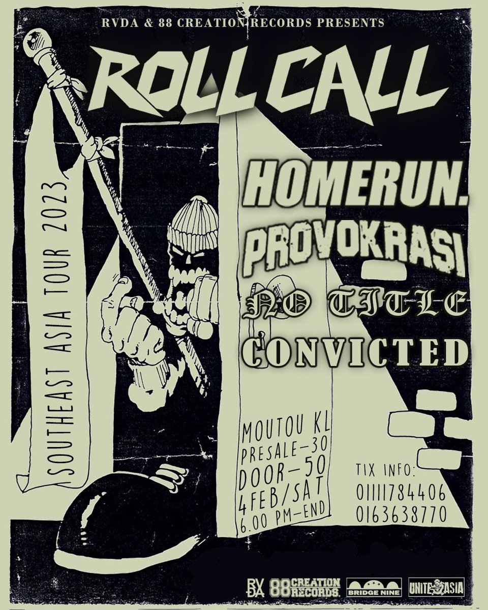 Last call before 2022 end

RVDA26 : ROLL CALL South East Asia Tour 2023. 
Date : 4/2/2023 (6pm)
Venue : Moutou
Ticket : RM30 presale / RM50 door

wasap.my/60163638770/ro…