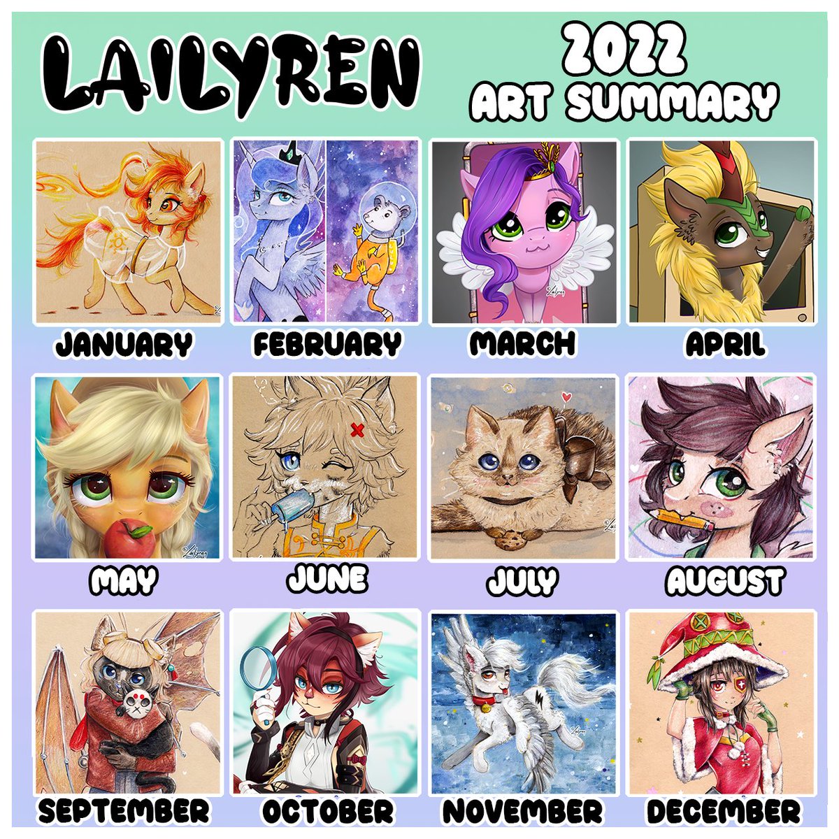 Lailyren's tweet photo. Hi everynyan!
It's time for a little #Artsummary2022
I'm quite pleased with variety of things I've drawn this year
I wanna thank my friends and supporters for being with me all this time. You're epic! ♥
I hope next year will be even more creative ^^
Take care and Happy New Year! https://t.co/TY9EozUkIh