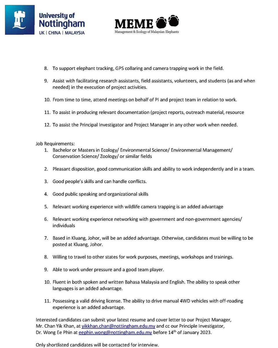 al 森诺华 (@aalavicena) on Twitter photo Hi friends, <a href="/MEME_elephants/">Management & Ecology of Malaysian Elephants (MEME)</a> is looking for a short-term community-cum-field coordinator with possibility of extensions.
Do apply or share! Hi friends, <a href="/MEME_elephants/">Management & Ecology of Malaysian Elephants (MEME)</a> is looking for a short-term community-cum-field coordinator with possibility of extensions.
Do apply or share!