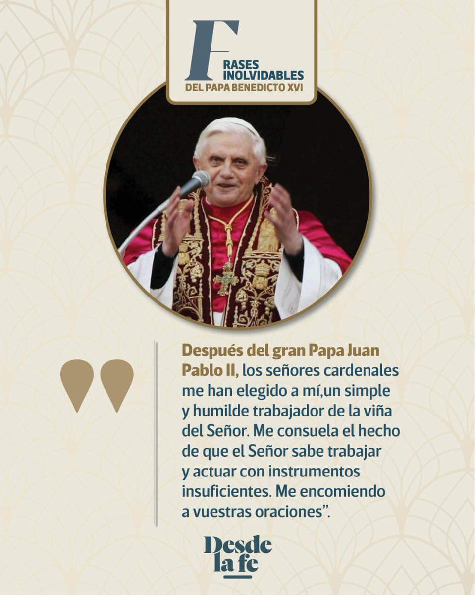 Aleximattos's tweet photo. "Venid a mi benditos de mi Padre"

Ha fallecido en la carne el Papa emérito, Benedicto XVI hoy 31 de diciembre 2022. Unidos en oración ardiente por su Pascua. https://t.co/nlb0AvcLwI