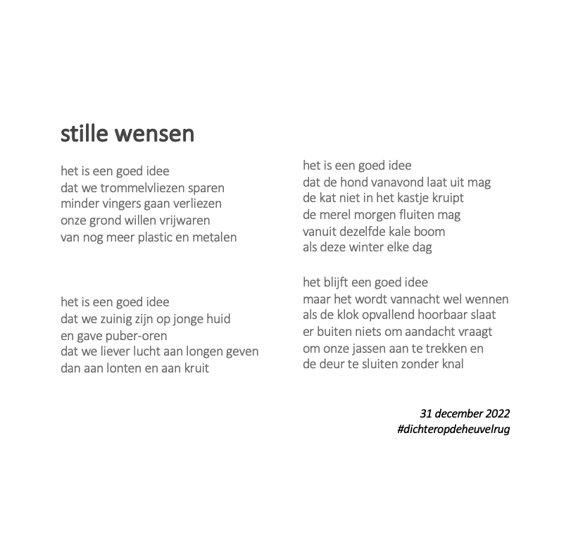 honderdmeter's tweet photo. Stille wensen voor alle inwoners van de @gem_heuvelrug (en erbuiten ;-)): https://t.co/hZPnD2OSc5.
Dank voor al het goede in 2022. Iedereen een mooie #jaarwisseling gewenst. #vuurwerkvrij #dorpsgedicht https://t.co/yzACELdLNW
