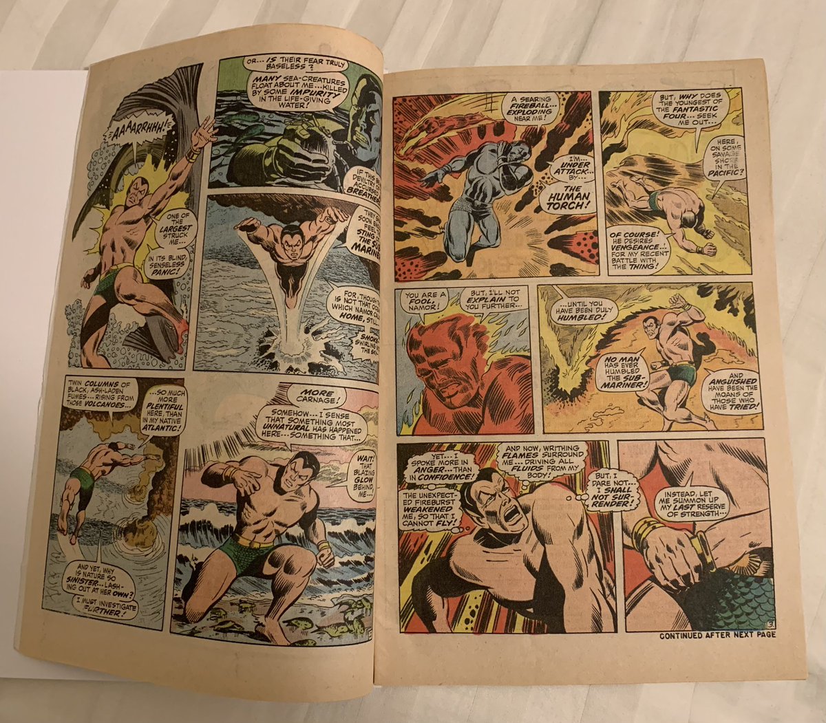 Shimada_Ichiban's tweet photo. #MarvelComics #Marvel #MCU #comic #comics #comicbooks #Thor #FantasticFour #FF #SpiderMan #Toro #Namor #Submariner #xmen #avengers #tonystark #NickFury #MadThinker in issue 11 this is the 1st SA appearance and death of #Toro. As you can see, there are a lot of cameos! https://t.co/TEWTCmanMa