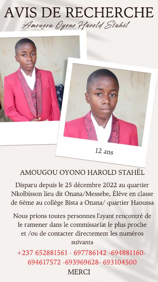 MrAkouteRamses's tweet photo. AVIS DE RECHERCHE, le jeune AMOUGOU OYONO HAROLD STAHËL a disparu depuis le 25 décembre 2022.

Un partage peut sauver une vie ✨ https://t.co/UzSc9gHcgk